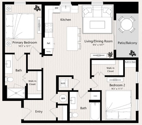 Floor plan for 2 beds, 2 baths, 1077 sqft